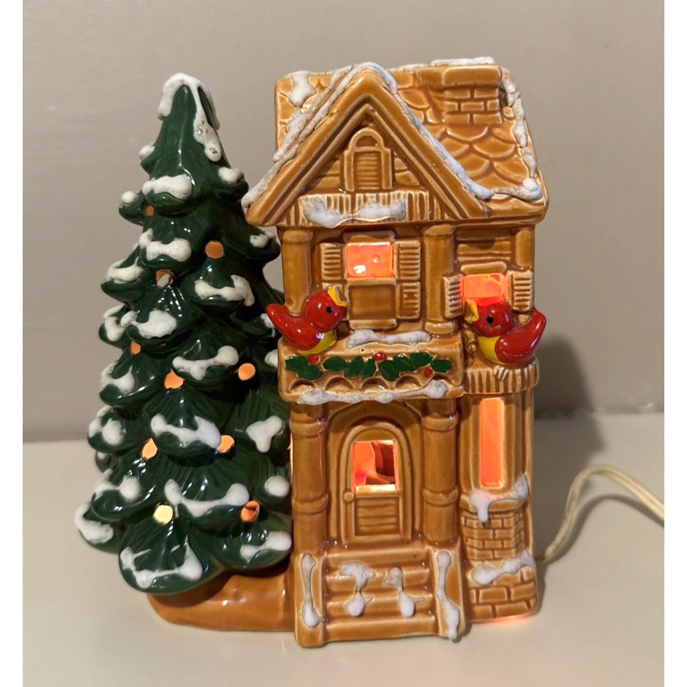 Vintage Lefton #1749 Light Up Ceramic House with Red Birds - EUC